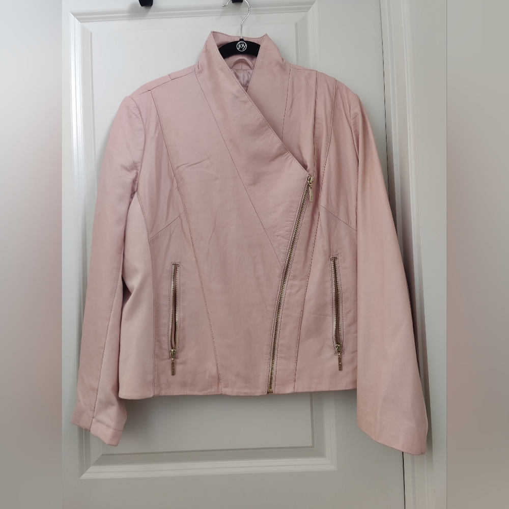 IMAN Genuine Leather Moto Jacket Asymmetrical Zipper Pink XL